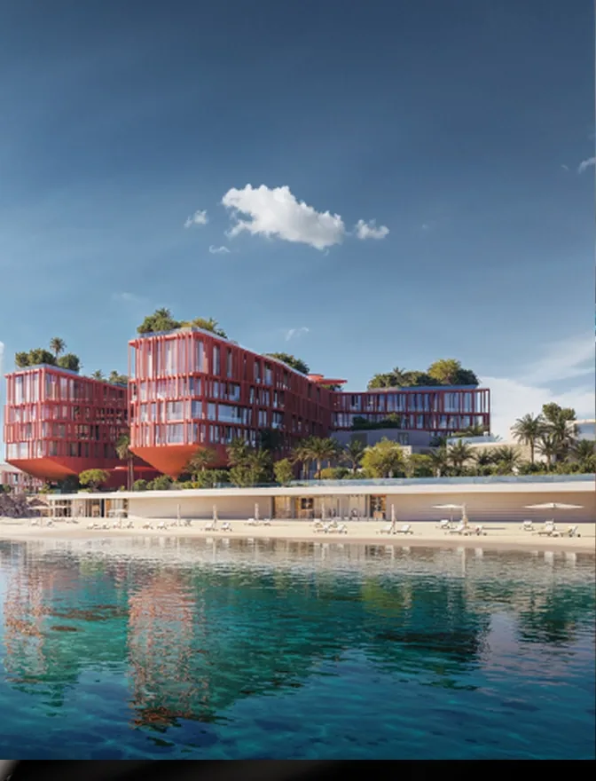 Beach club pool facing terracotta residential buildings