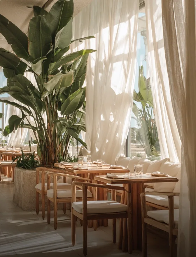 Restaurant interior with timber tables, linen curtains and tall plants