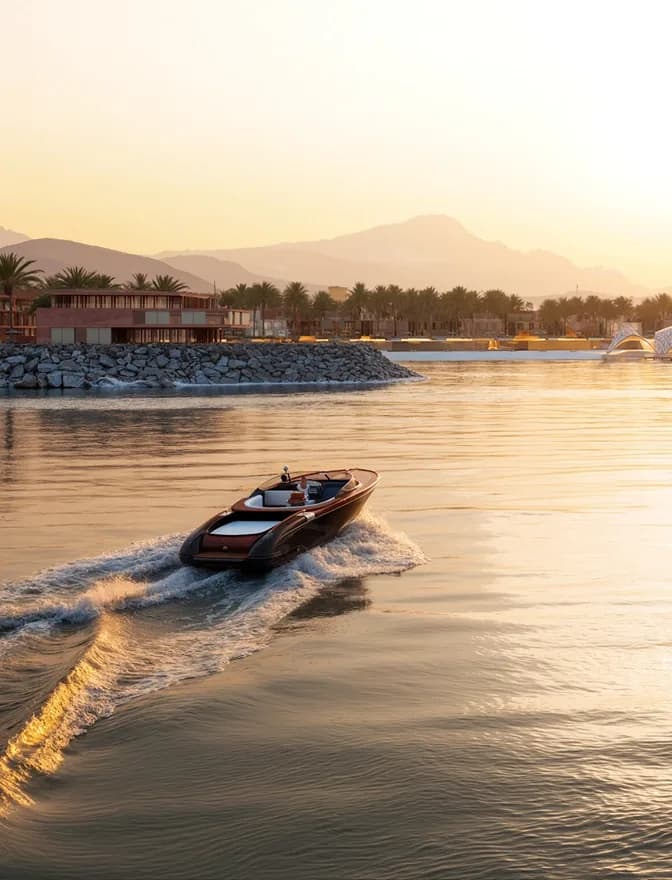A speedboat on the bay at sunset