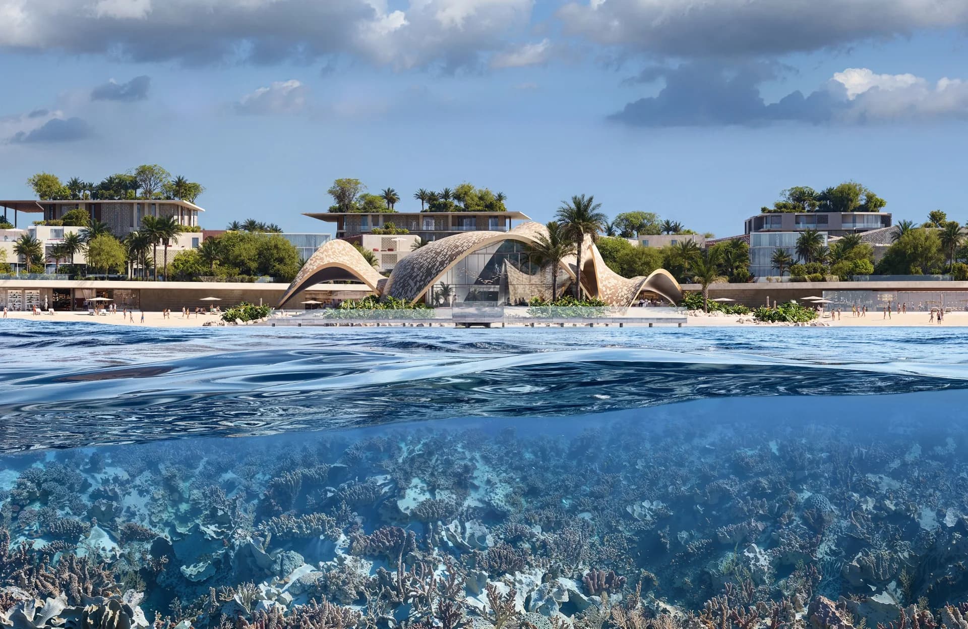 Split-level visualisation: the curved beach club above the waterline and a coral reef below