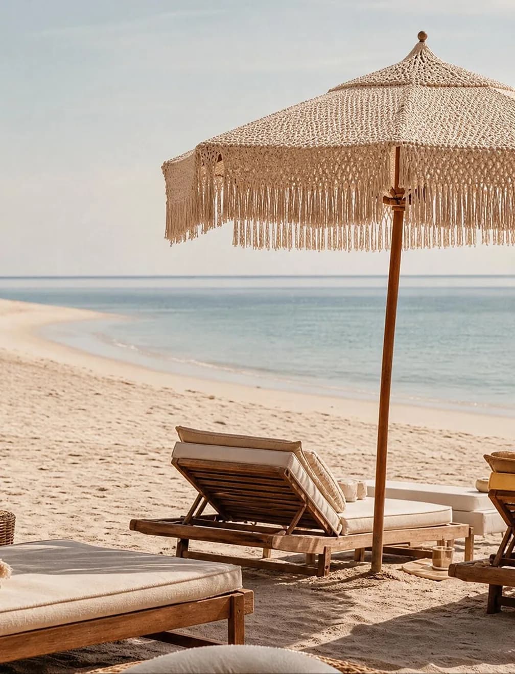 Sun loungers and a fringed parasol on a sandy beach