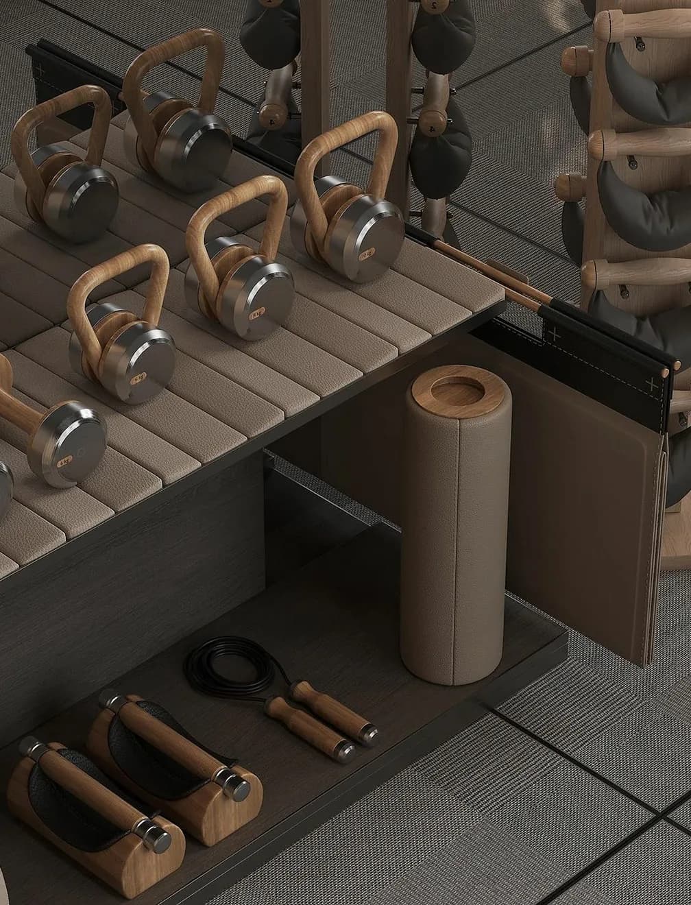 Kettlebells and training equipment in a residents' gym