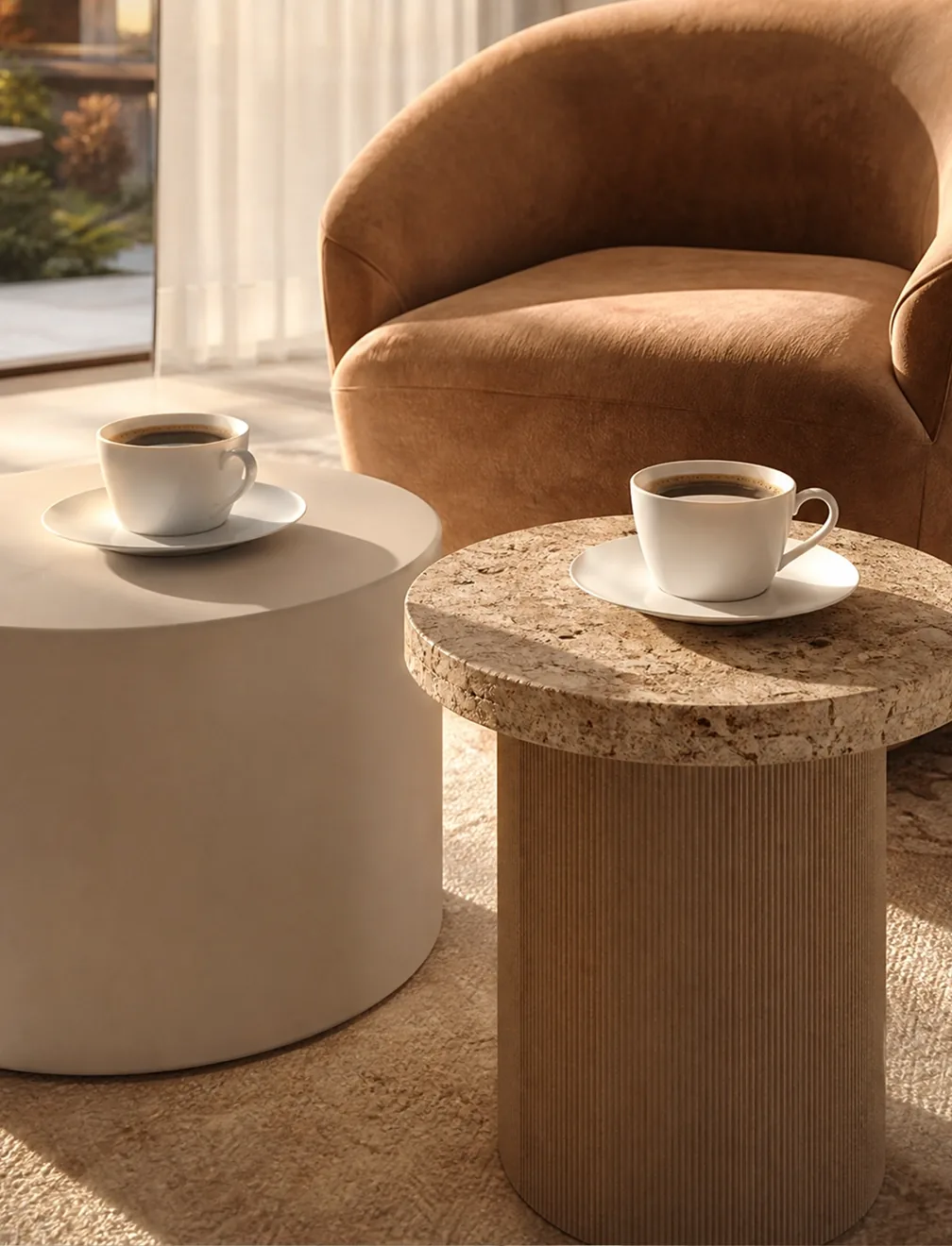 Two coffee cups on stone side tables beside a lounge chair