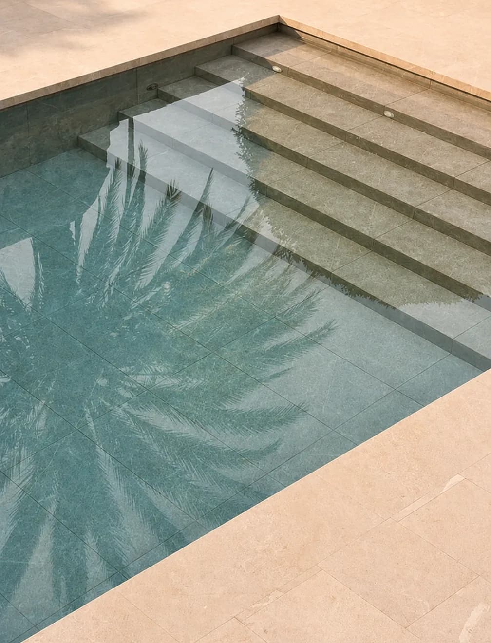 Stone pool steps with palm shadows on the water