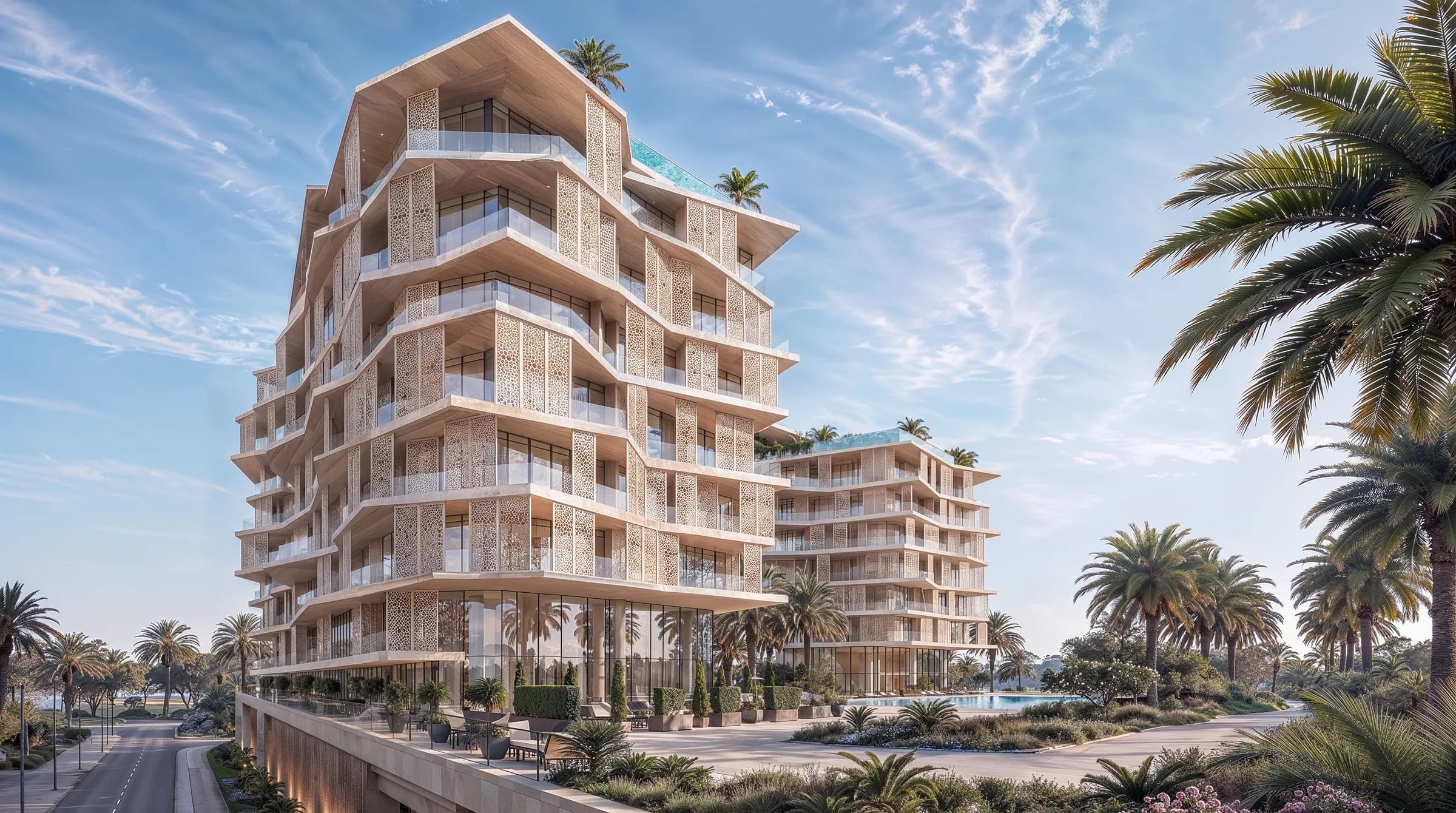 Richmond Residences: a terraced white building with curved balconies among palms